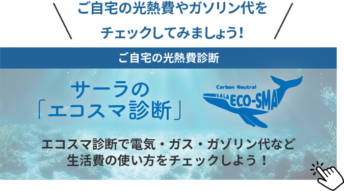 ご自宅の光熱費やガソリン代をチェックしてみましょう！ご自宅の光熱費診断サーラの「エコスマ診断」エコスマ診断で電気・ガス・ガゾリン代など生活費の使い方をチェックしよう！