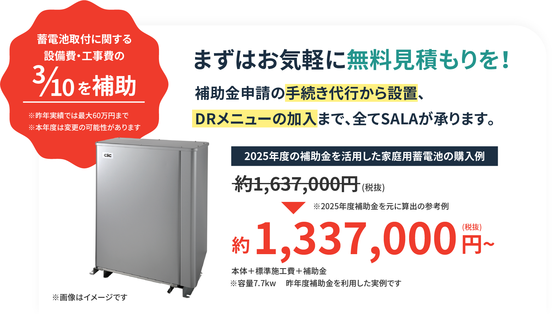 蓄電池取付に関する設備費・工事費の10分の3を補助 まずはお気軽に無料見積りを！補助金申請の手続き代行から設置、DRメニューの加入まで、全てSALAが承ります。